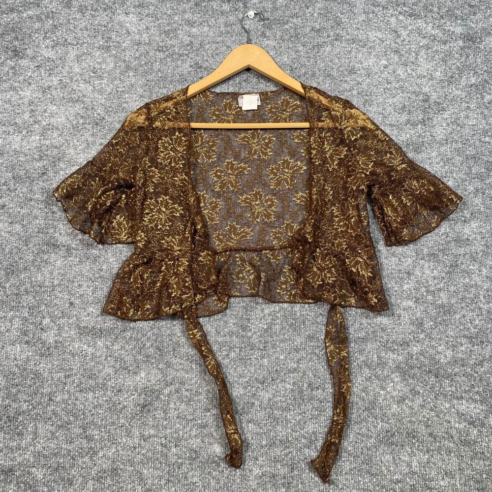 Rave Womens XS Brown Gold Metallic Floral Lace Tie Front Shrug Bolero G5607 USA